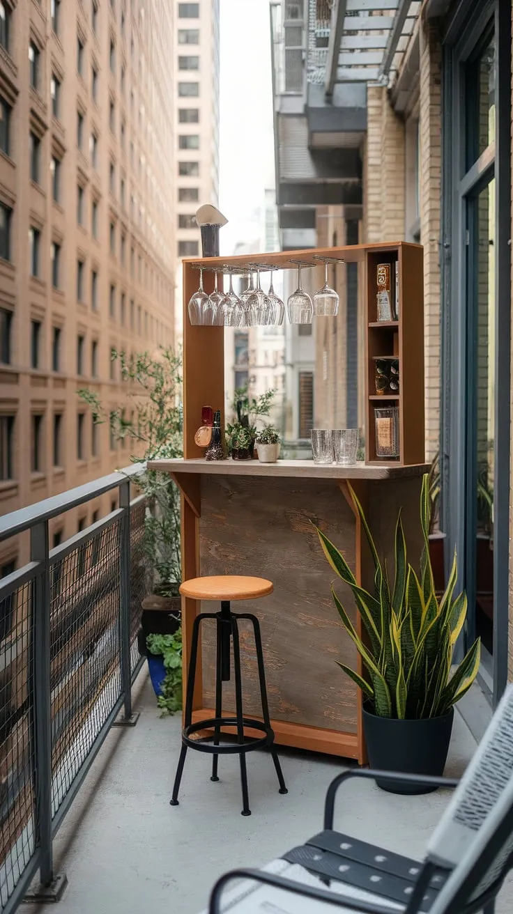My urban oasis: This small balcony bar, crafted with simple balcony bar furniture, transforms my apartment balcony into the perfect spot for evening cocktails.  The balcony bar setup is surprisingly spacious, thanks to clever balcony bar design and a compact balcony bar cart.  Plenty of balcony bar ideas came to life with this balcony cocktail bar, proving that even a small balcony bar area can be a stylish and functional addition to apartment balcony decor.  Finding the right balcony bar stools was key!