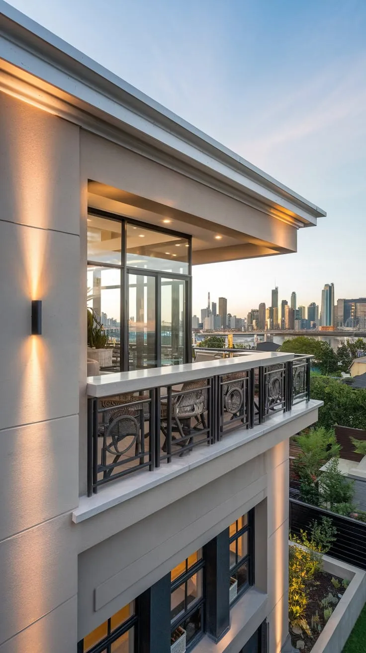 From your vantage point, soft light illuminates a sleek home's balcony bar, offering a breathtaking city skyline view