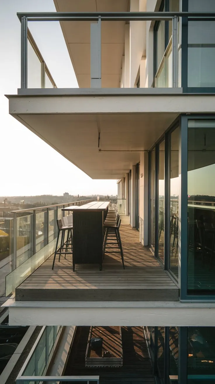 High above the city, you see a sleek apartment building's shared balcony, complete with a bar and breathtaking panorama