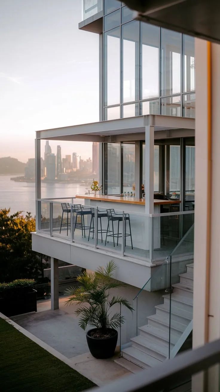 A clean-lined home's balcony, overlooking a glittering city and water, beckons you to unwind with a drink