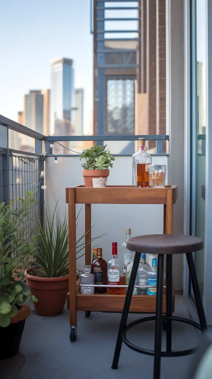 Unwind after a long day in your own private urban oasis. This small balcony bar setup, complete with a stylish bar cart, comfortable stool, and twinkling lights, transforms a simple apartment balcony into a sophisticated cocktail bar area.  Perfect for showcasing your balcony bar accessories and enjoying the city skyline views.  Find inspiration for your own balcony bar design and balcony bar ideas with this compact yet elegant balcony bar furniture arrangement.