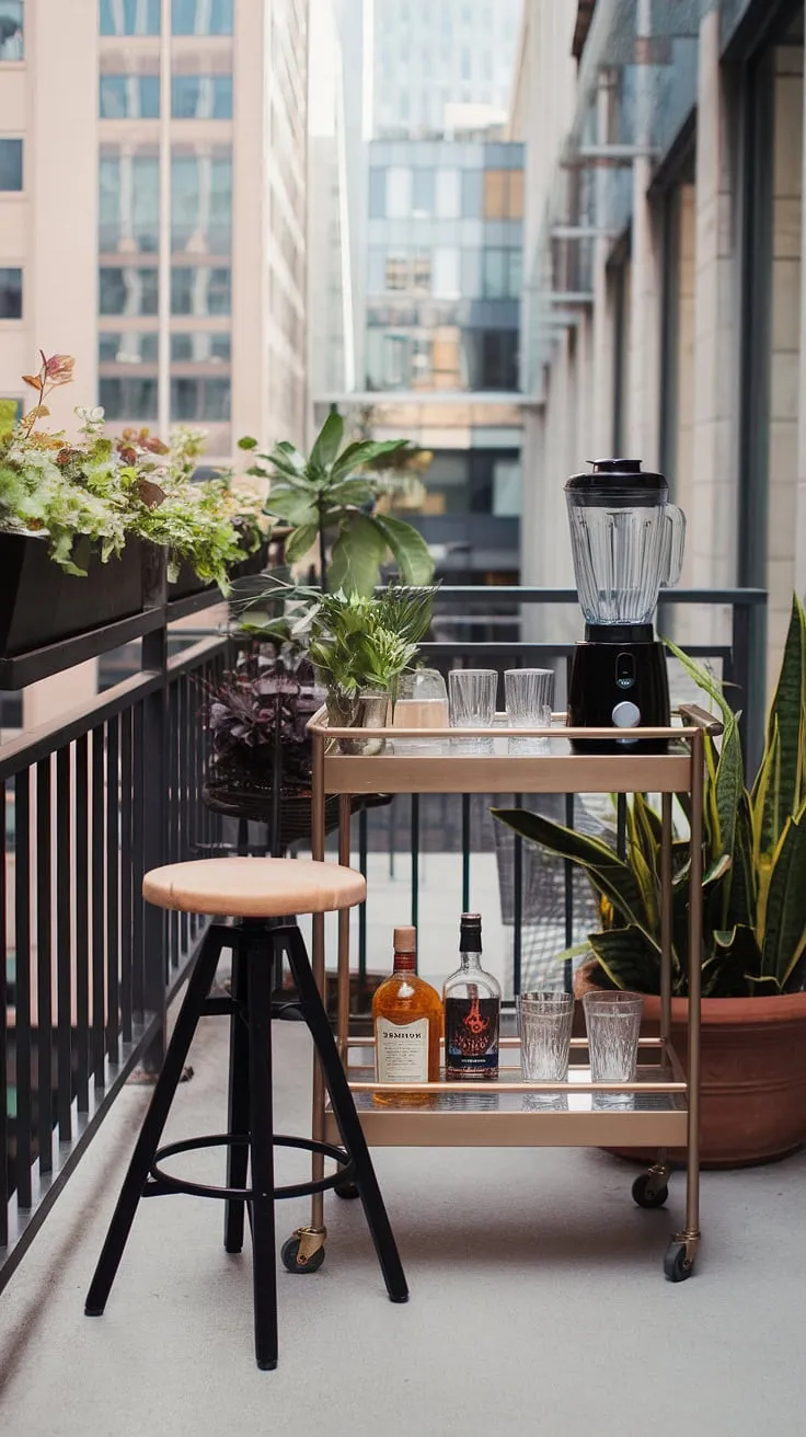 Transform your apartment balcony into a chic and functional outdoor balcony bar. This small balcony bar setup proves that big city living doesn't mean sacrificing relaxation. The balcony bar cart, complete with blender and glassware, is the centerpiece of this balcony bar design, complemented by carefully chosen balcony bar furniture and apartment balcony decor.  Discover creative balcony bar ideas and find the perfect balcony bar accessories to create your own enviable apartment outdoor bar.  This urban balcony bar is a testament to the power of smart balcony bar area planning.