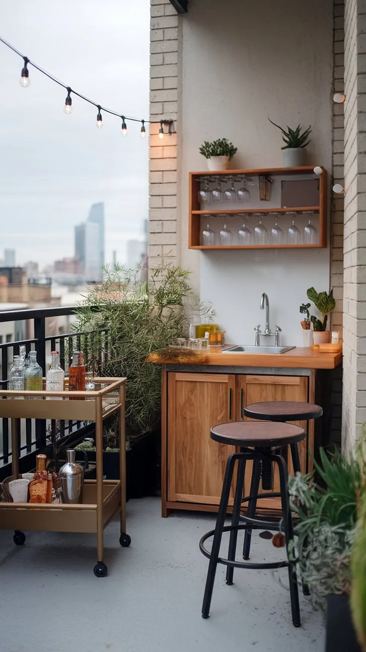 Transform your apartment balcony into a captivating balcony bar area. This balcony bar setup proves that even a small balcony bar can be a stylish and functional addition to your apartment.  The outdoor balcony bar features a custom-built wooden counter, a convenient bar sink, and plenty of space for your favorite balcony bar accessories.  Find inspiration for your own balcony bar ideas with this stunning example of balcony bar design, showcasing clever use of balcony bar furniture and a charming balcony bar cart.  Enjoy city views from your own personal balcony cocktail bar, complete with comfortable balcony bar stools.