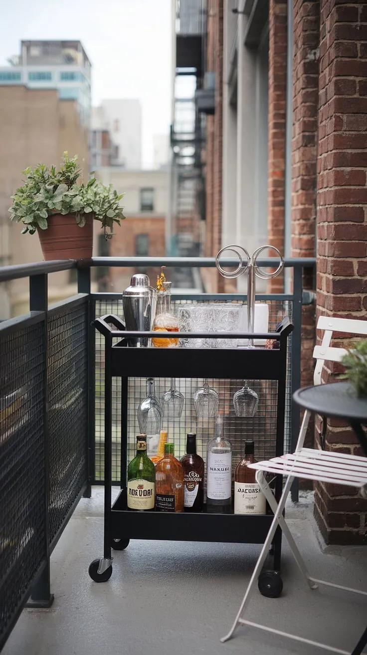 Transform your apartment balcony into the ultimate balcony cocktail bar. This small balcony bar setup proves that even limited space can accommodate big style.  The balcony bar cart, strategically placed amongst the balcony bar furniture, showcases a curated collection of spirits.  This urban balcony bar is a masterclass in balcony bar area design, offering inspiration for your own outdoor balcony bar creation. Consider this your guide to balcony bar stools and apartment balcony decor that elevates the everyday.