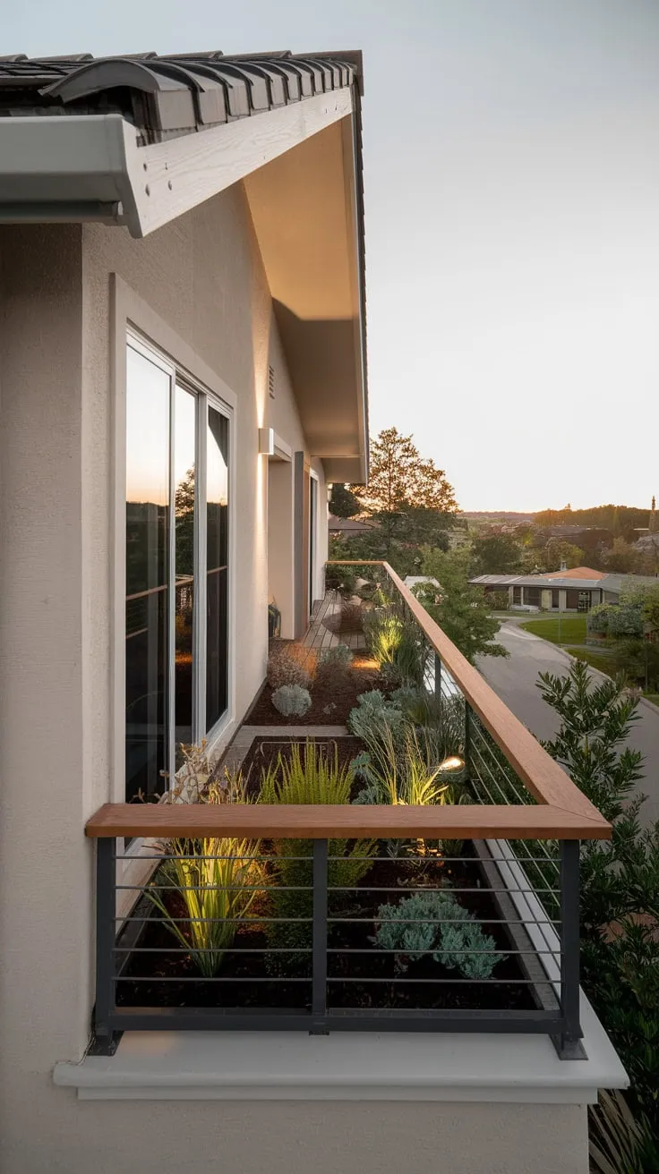 A stunning suburban view unfolds beneath you, showcasing a beautiful home with a plant-filled balcony bathed in warm light and framed by a wooden railing