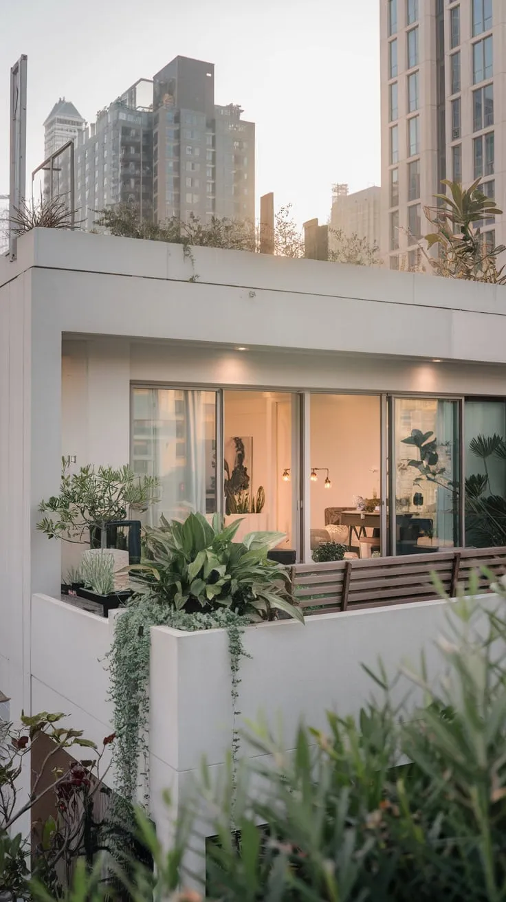 Your minimalist white apartment's balcony garden, with its plants and wooden bench, offers a tranquil escape overlooking a vibrant city