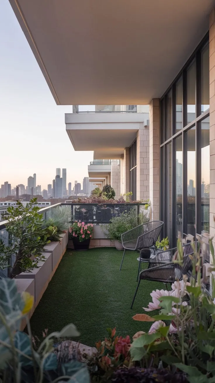 Your minimalist apartment's soft lighting highlights a tranquil balcony garden overlooking a captivating city skyline