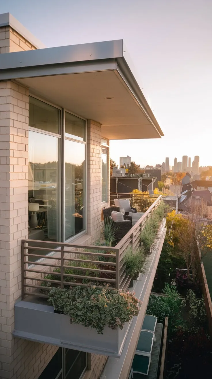 From your apartment's balcony, a warm glow illuminates the cityscape as you relax amidst your flourishing garden, framed by a chic railing and comfortable seating
