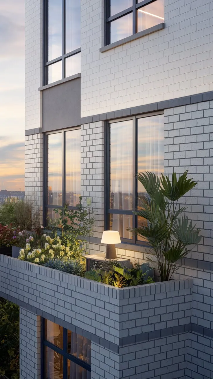 Soft light bathes your stylish apartment's balcony garden, overlooking a stunning cityscape from its high-rise perch