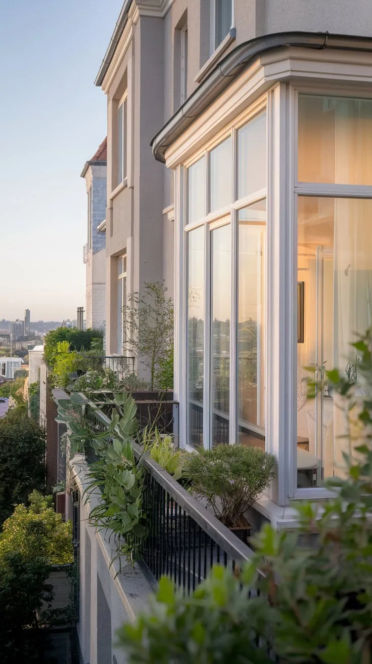 A high-angle view reveals a bright apartment, its large windows showcasing a flourishing balcony garden and a breathtaking cityscape