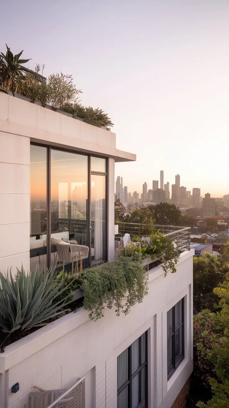 From your balcony, city lights twinkle beyond the gentle glow illuminating your white home and a few potted plants