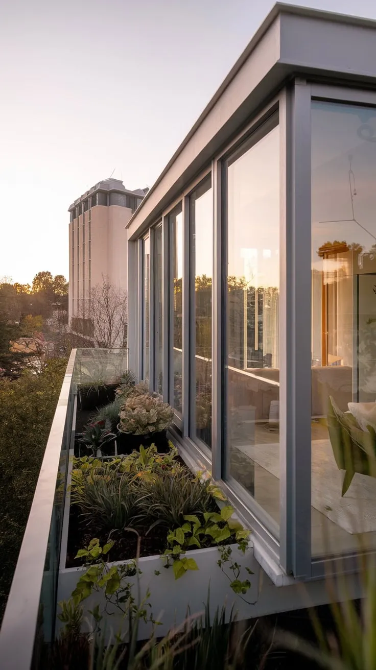 From your balcony, you see a captivating panorama of unique architecture and a flourishing garden, all bathed in soft light