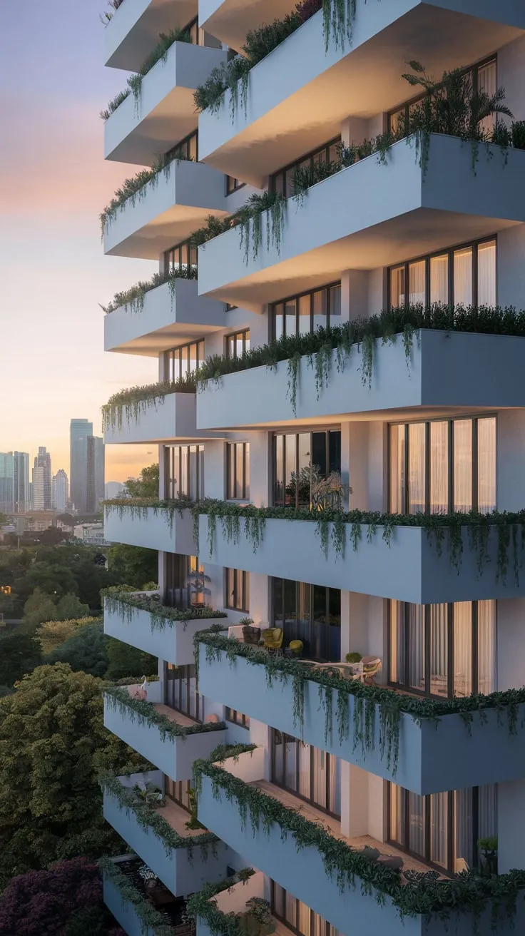 A high-angle view reveals a unique apartment building, its multi-level balconies cascading with lush plants, bathed in warm light and overlooking a vibrant cityscape