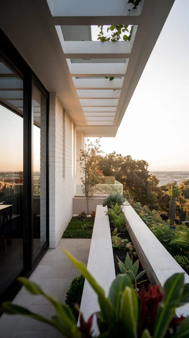 A high-angle shot reveals a sleek home, its balcony garden overlooking a beautifully lit cityscape
