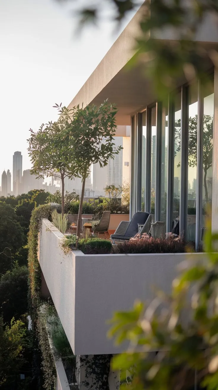 From your vantage point, a minimalist home's lush balcony garden, overflowing with trees and seating, overlooks a sprawling cityscape bathed in soft light