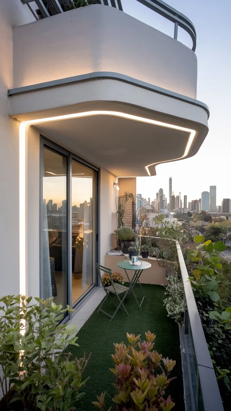 A sweeping view reveals a uniquely shaped building softly illuminated at night, its balcony boasting a charming garden and breathtaking cityscape panorama