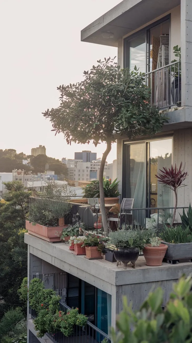 Soft light bathes your balcony garden, a vibrant oasis of potted plants and a small tree overlooking a bustling city skyline from your concrete apartment