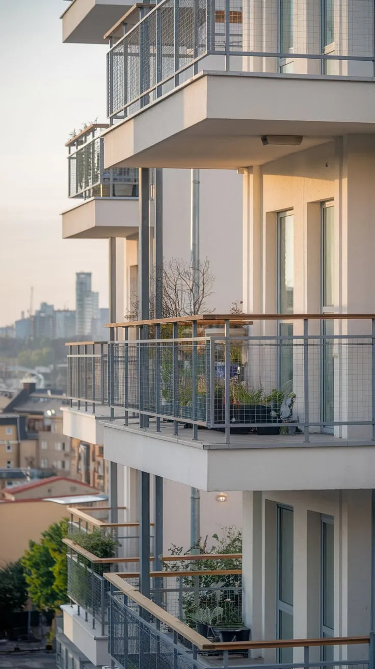Soft light bathes your view of a white apartment building, its many balconies brimming with small, flourishing gardens, set against a backdrop of the city skyline