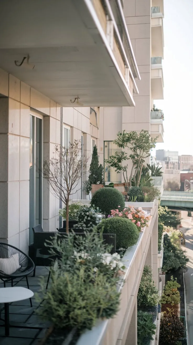 From your vantage point, a lush balcony garden overflowing with trees, shrubs, and flowers, complete with patio furniture, adorns a white apartment building overlooking a vibrant cityscape