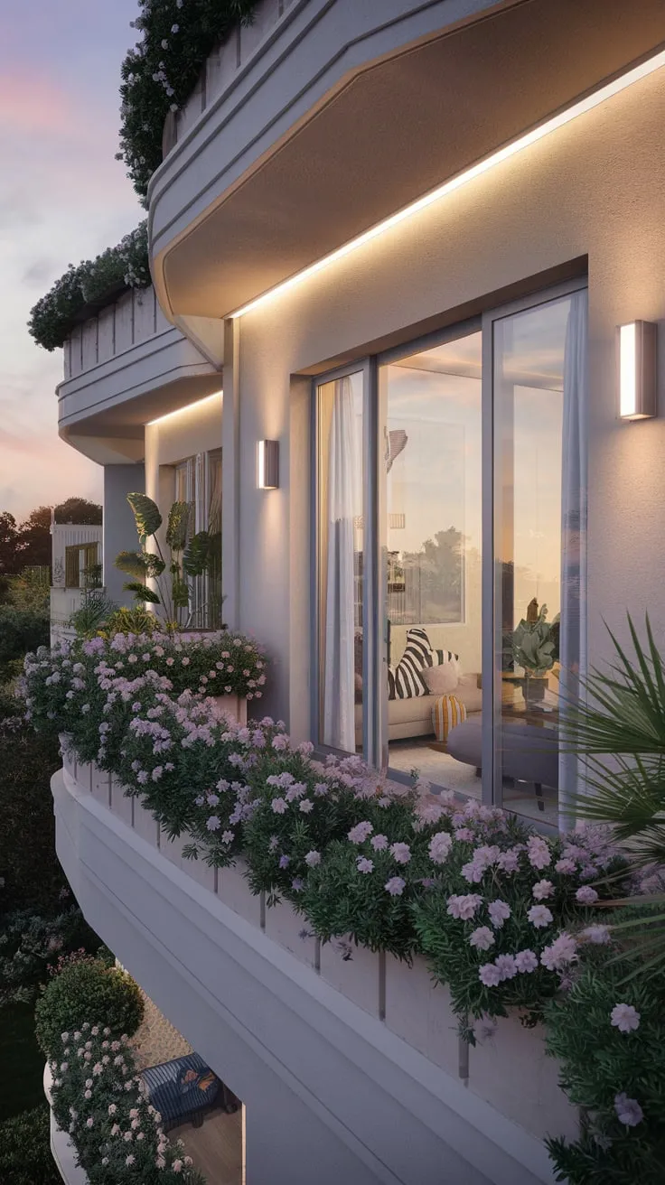 A beautiful garden on a high-rise apartment balcony unfolds before you, bathed in the soft glow of the building's exterior, a captivating scene