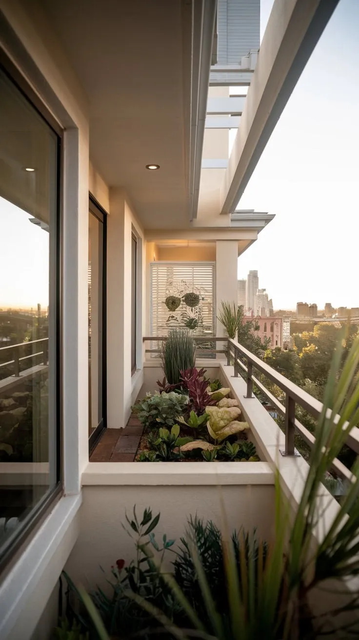 A high-angle view reveals a stylish home, a vibrant balcony garden, and a breathtaking panorama of the city, all subtly illuminated