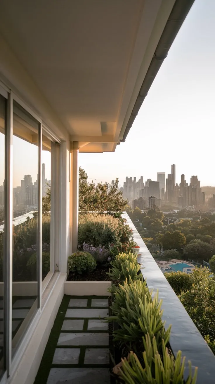 A high-angle shot reveals a stylish house with a blooming balcony garden, gently illuminated against a stunning cityscape