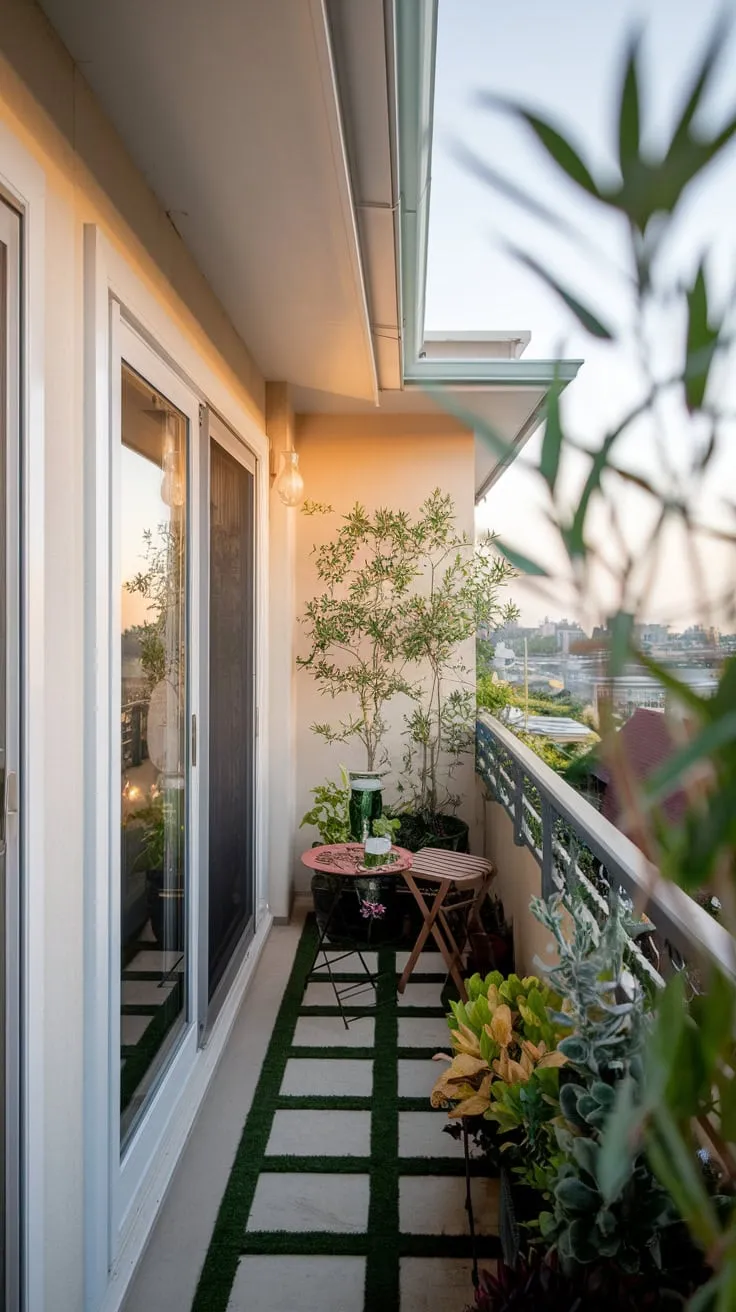 A breathtaking city panorama unfolds before you,  framed by a home’s sleek exterior and a charming balcony garden bathed in warm light