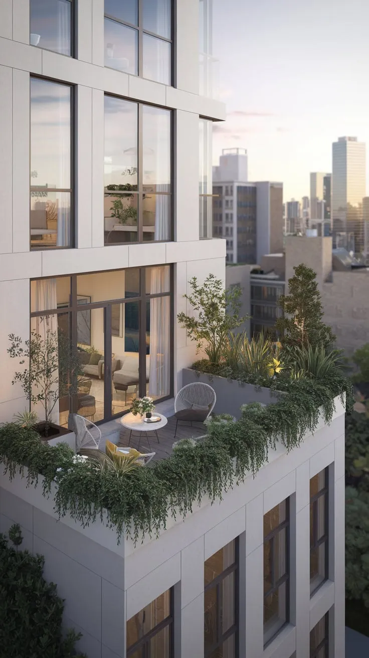 Embrace tranquility in your stylish retreat, featuring a bright apartment adorned with large windows and a charming balcony garden amidst the vibrant cityscape