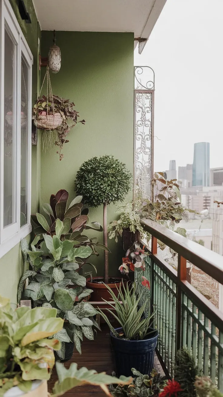 This green balcony is my sanctuary.  Balcony gardening has brought a touch of nature to my apartment, creating a flourishing container garden filled with balcony flowers and a small tree.  It's a perfect example of urban gardening and vertical gardening, transforming this small space into a vibrant outdoor living space.  Sustainable gardening practices and thoughtful balcony design make this patio garden a haven of peace amidst the city skyline.