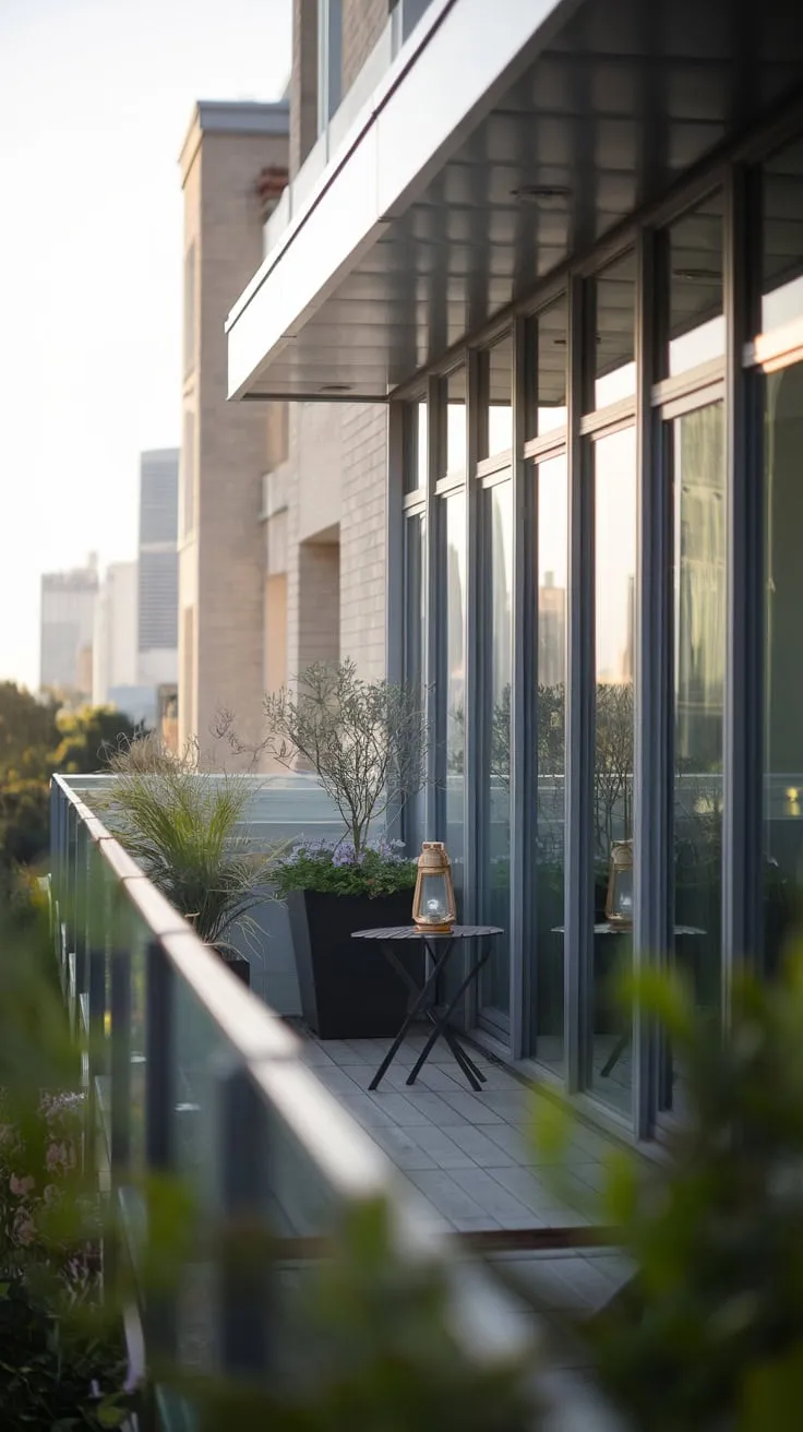 From your vantage point, a sleek glass building's balcony garden, complete with potted plants and a lantern-lit table, overlooks a sprawling cityscape bathed in soft light
