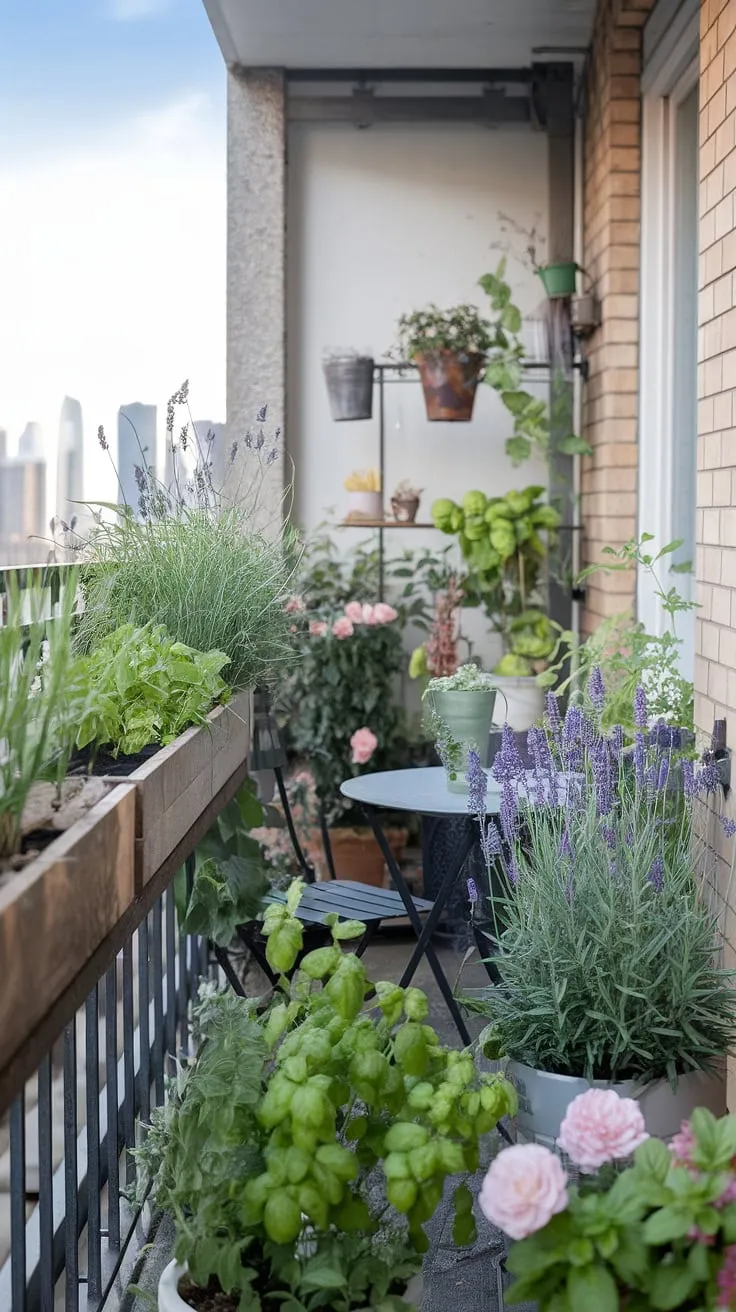 Transforming a concrete jungle into a vibrant oasis! This apartment balcony garden showcases the beauty of container gardening and small space gardening, proving that even in a city, you can cultivate a thriving herb garden bursting with basil, mint, lavender, and roses.  The balcony design maximizes vertical gardening, creating a lush green balcony and a peaceful outdoor living space perfect for urban gardening and sustainable gardening.  This patio garden is a testament to the joys of gardening in apartments.
