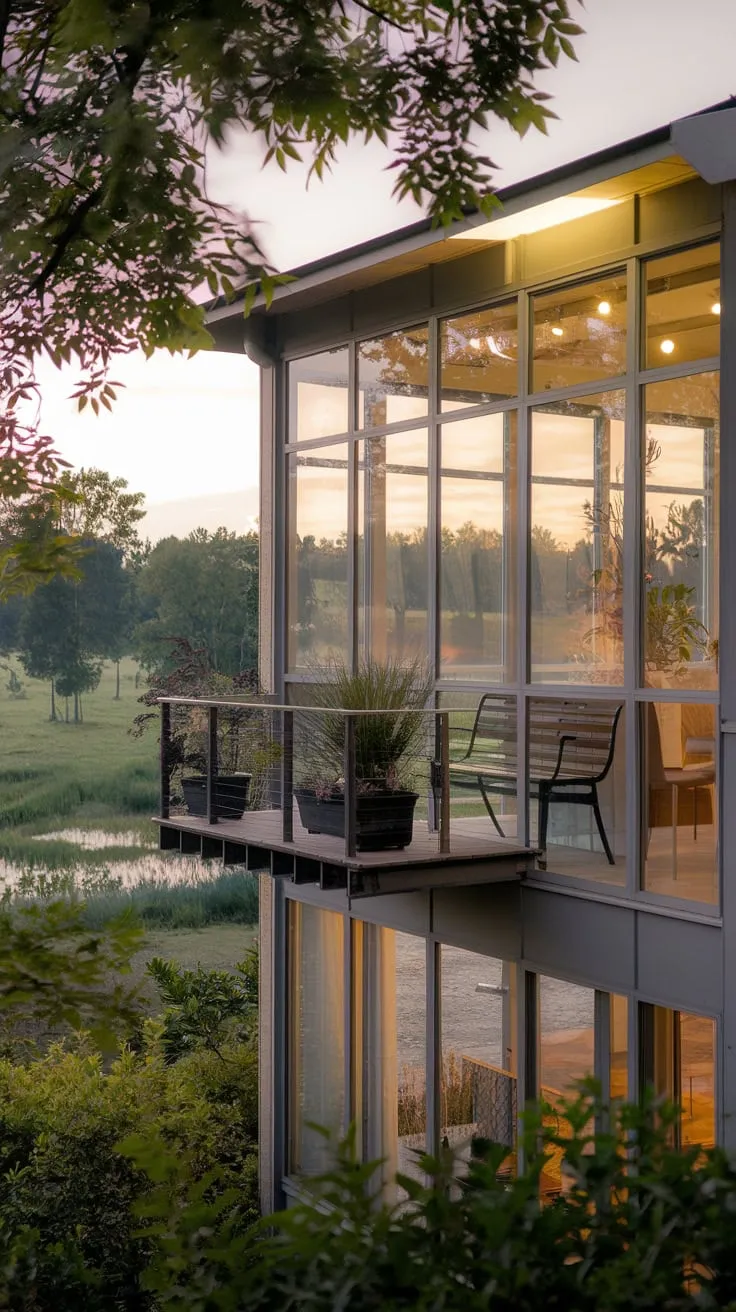 Bathed in warm interior light, you see a glass-fronted home nestled in vibrant greenery, its second-floor balcony garden and serene waterside setting creating a tranquil scene
