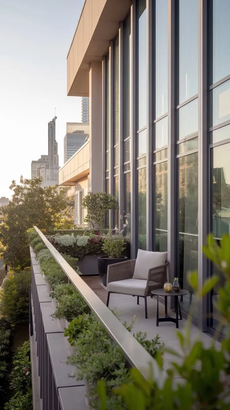A tranquil balcony garden, brimming with potted plants and a cozy chair, adorns a stylish home with expansive windows against a backdrop of towering city buildings