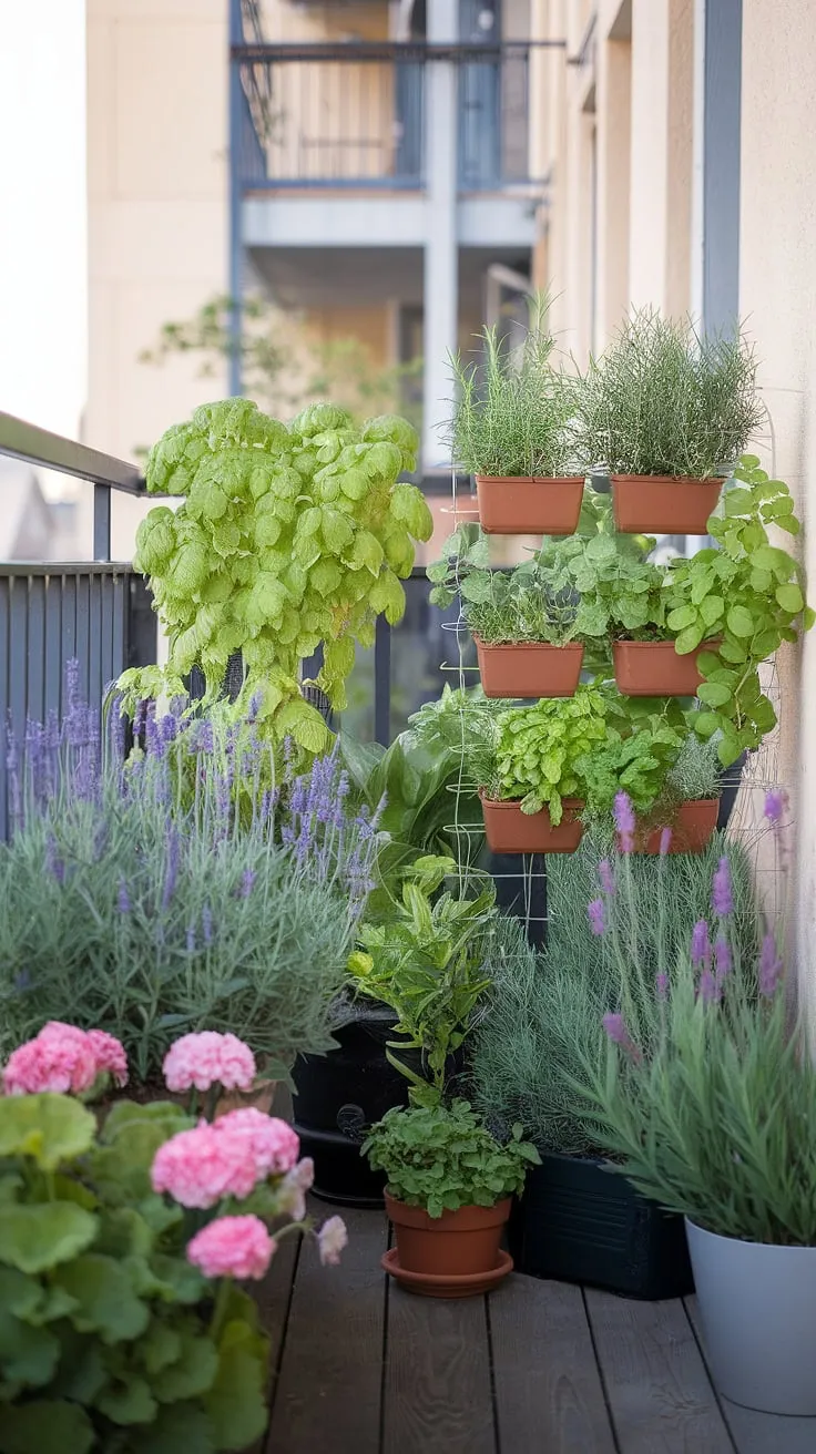 Transforming a small apartment balcony into a vibrant outdoor living space with this container gardening setup.  My urban gardening oasis features a vertical gardening system bursting with herbs, balcony flowers like lavender and geraniums, and a variety of balcony plants thriving in this small space gardening paradise.  Sustainable gardening at its finest, showcasing the beauty of balcony design and the joy of gardening in apartments.