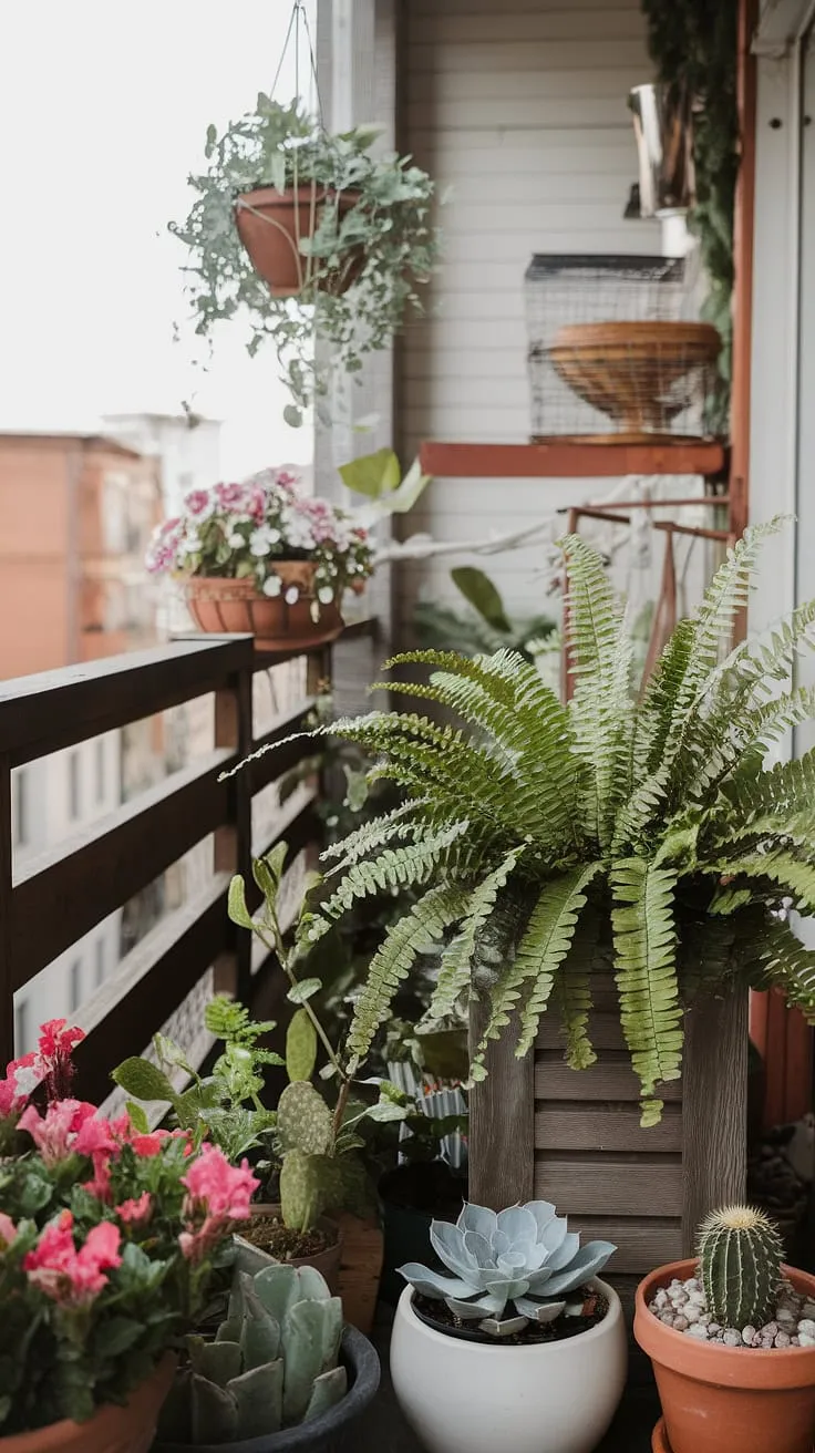 Transforming this urban apartment balcony into a vibrant green oasis with container gardening.  My small space gardening project thrives with a mix of balcony plants, including an herb garden, succulents, and flowering vines, showcasing the beauty of vertical gardening and sustainable gardening practices in this outdoor living space.  The balcony design maximizes space, creating a peaceful patio garden perfect for balcony gardening and enjoying the city views.