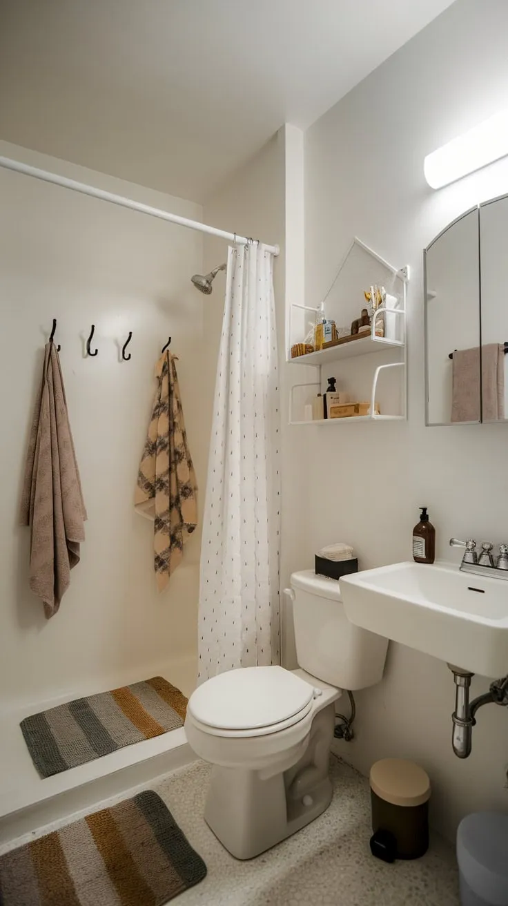 Clean lines and simple storage define this small yet functional college apartment bathroom.