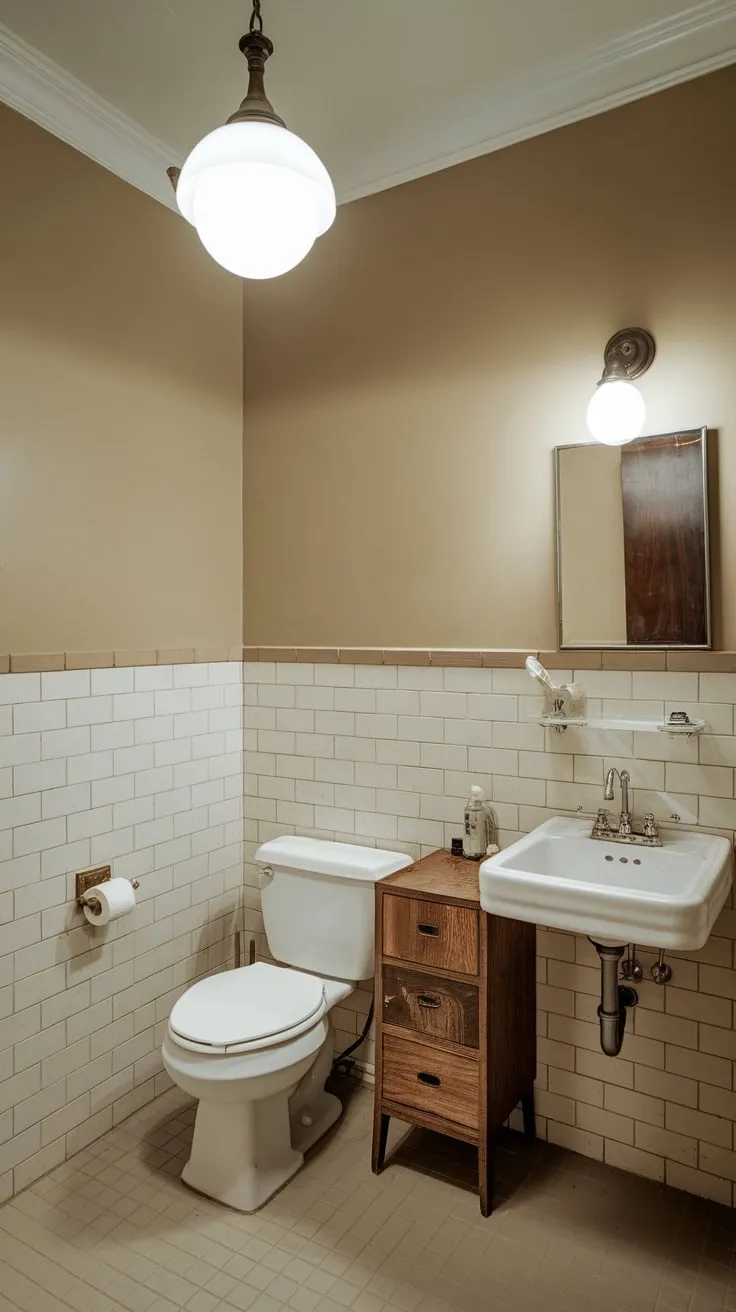 A retro-styled light fixture tops off this cozy, beige-walled college apartment bathroom.