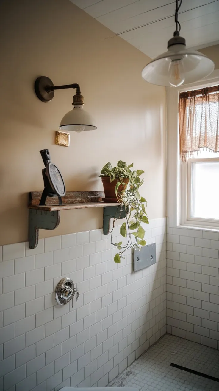 A vintage-style lamp and potted plant add charm to a bright, white-tiled college apartment bathroom.