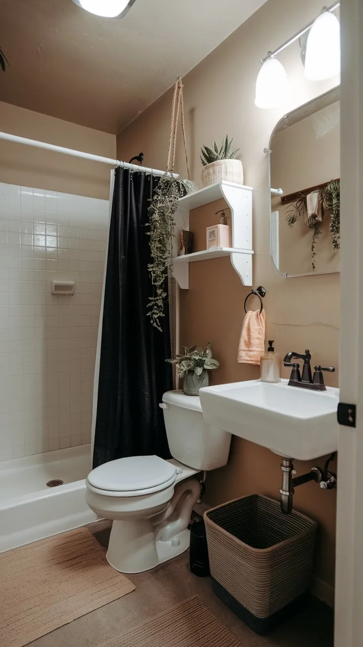 A tiny college apartment bathroom, featuring beige walls and a few plants, offers a cozy, if cramped, space.