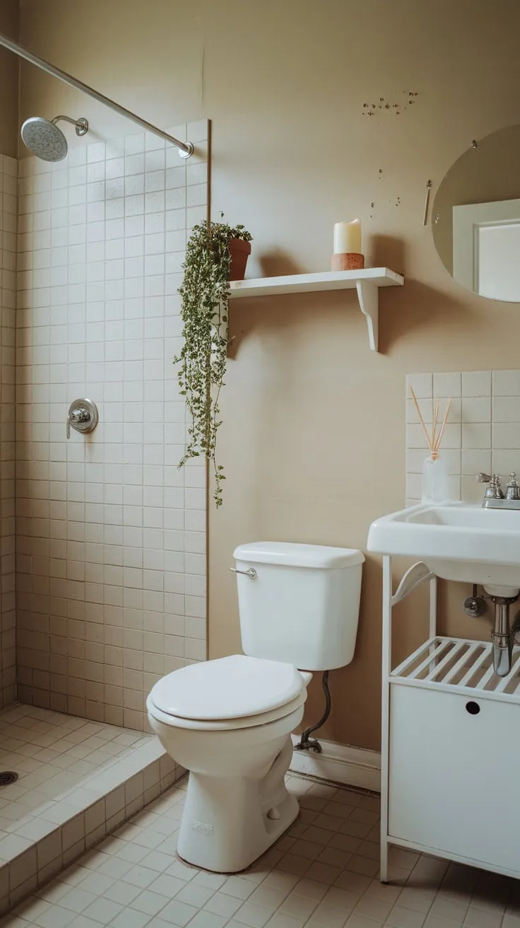A minimalist college apartment bathroom, small yet serene, features a shower, toilet, sink, and a touch of nature with a potted plant.