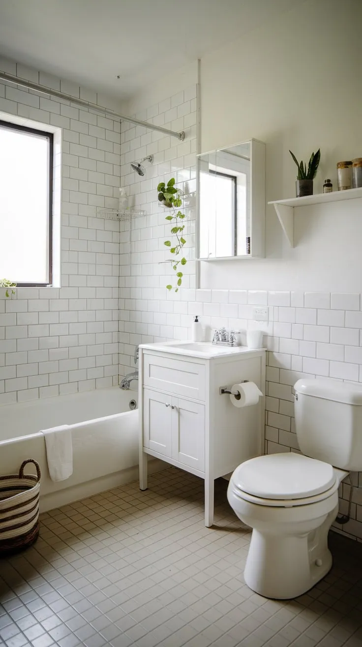 A minimalist college apartment bathroom boasts a pristine white aesthetic, enhanced by subtle beige flooring and practical storage solutions.