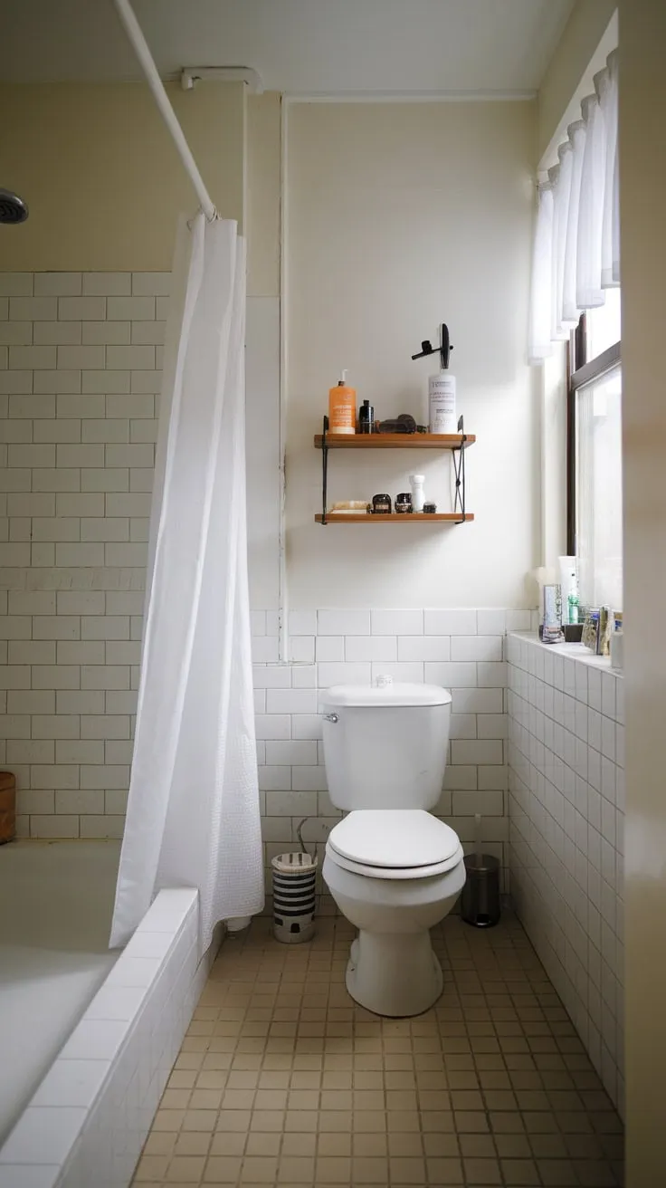 Spotless white and beige create a serene, minimalist aesthetic in this organized college apartment bathroom.