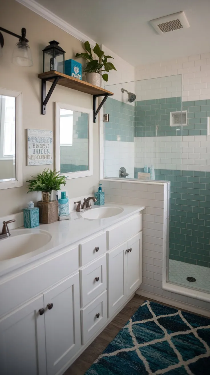 Whitewashed serenity meets beachy blues in this inviting college apartment bathroom.