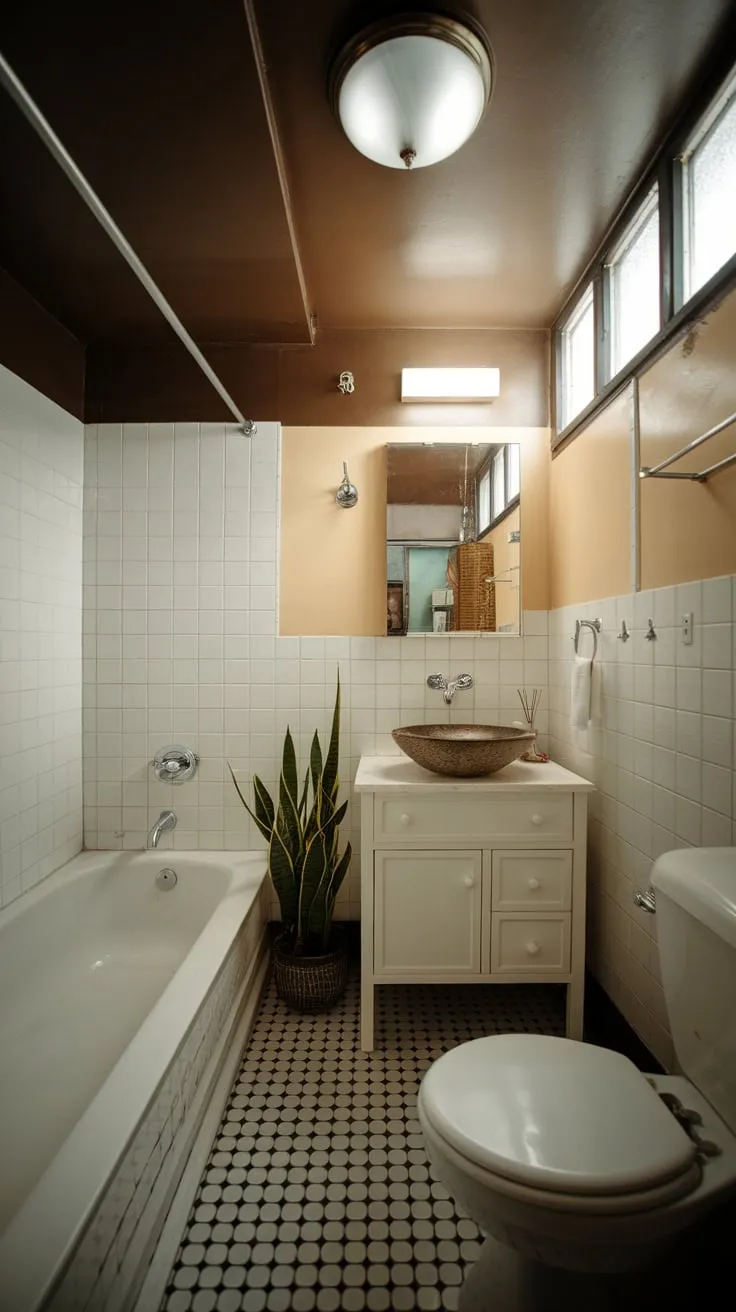 A tiny apartment bathroom's vintage aesthetic shines through its white fixtures, black and white checkered floor, and small window.