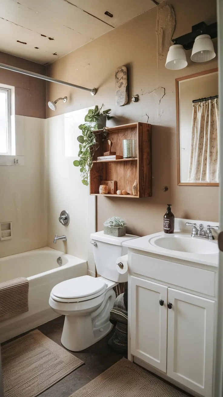 A charming college apartment bathroom, despite its minor imperfections, boasts a cozy, plant-adorned aesthetic.