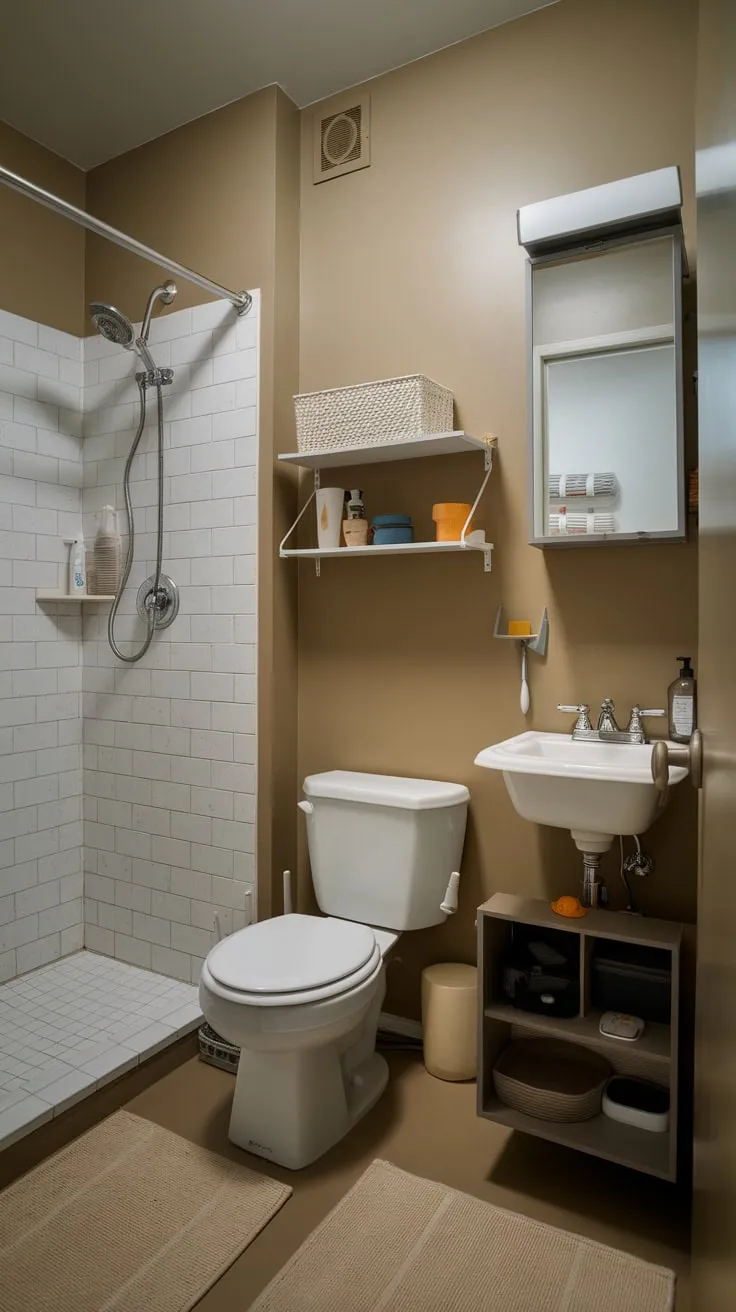 A cramped college apartment bathroom boasts minimal storage and basic amenities, reflecting a functional yet spartan aesthetic.