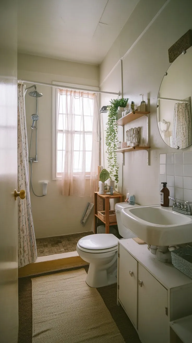 White walls and a beige rug create a clean aesthetic in this compact college apartment bathroom.