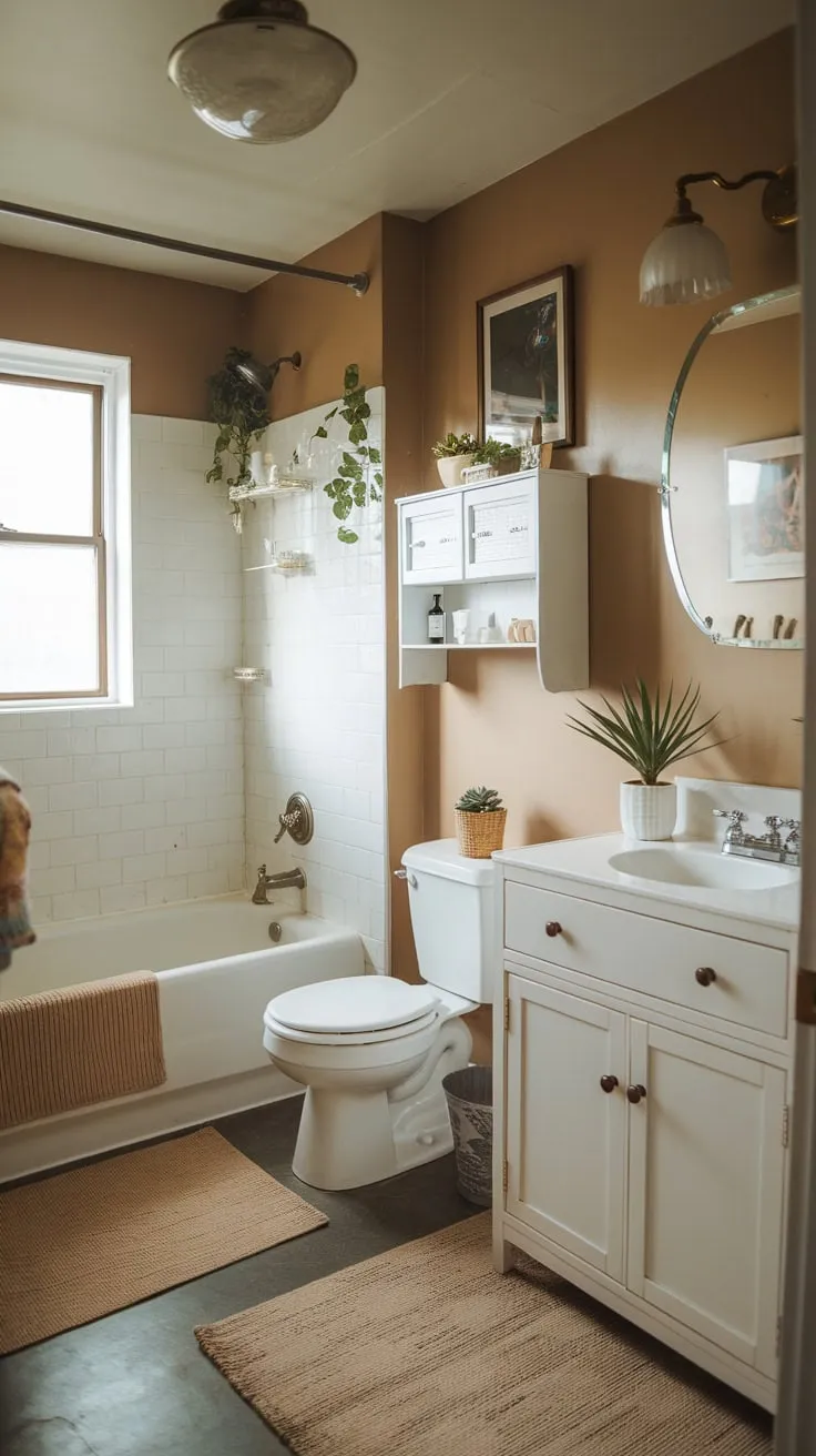 Vintage charm fills a small college apartment bathroom with its white fixtures and beige walls, creating a cozy and unique space