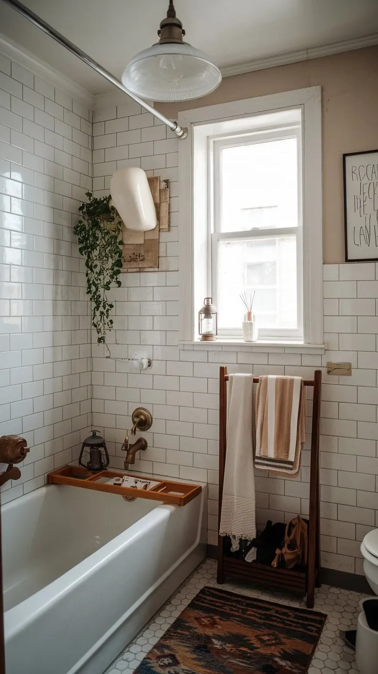Vintage charm fills a small college apartment bathroom, complete with a white tub, patterned rug, and charming window details