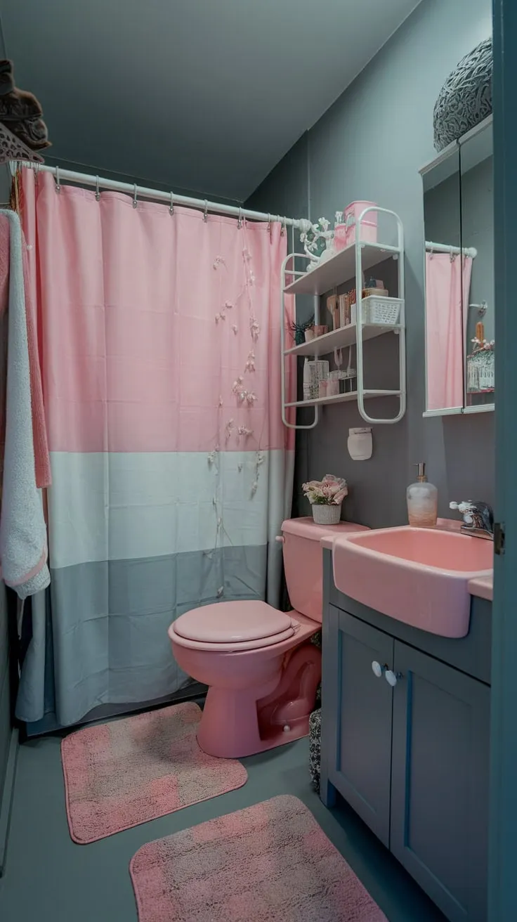 A cozy small apartment bathroom boasts a chic pink and gray color scheme, complete with matching fixtures and accessories.